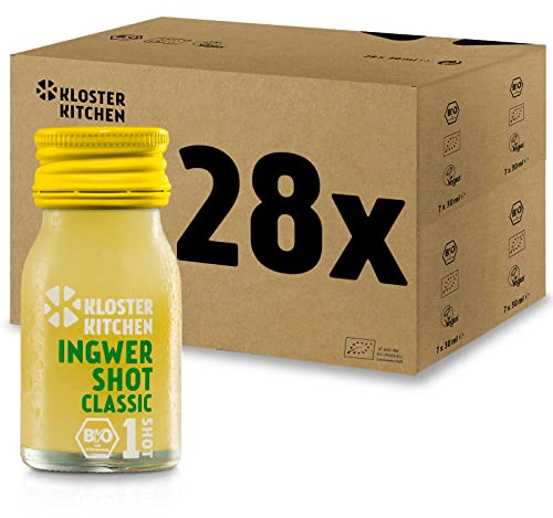 Kloster Kitchen Classic 28 x 30 ml mit echten Ingwerstückchen I Bio Ingwer Shot vegan in der To Go Glasflasche I Ingwershot süß-scharf ohne Zusatzstoffe & mit natürlicher Süße