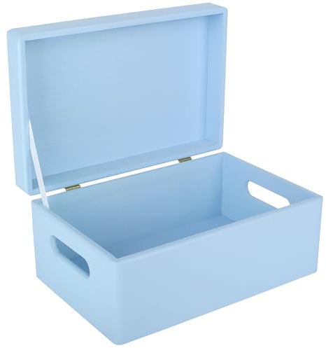 Creative Deco Blau Holzkiste mit Deckel 30 x 20 x 14 cm Erinnerungsbox Baby | (+/- 1 cm) | Groß Kasten | Ostern Holzbox mit Deckel und Griffen | Für Dokumente Wertsachen Spielzeug Werkzeuge