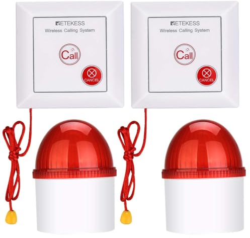 Retekess TH103 Sistema de Alarma, Alarma de Seguridad Estroboscópica de 3 LED, Sistema de Llamada con Cuerda de Tracción para Almacén, Centro Comercial, Escuela, Fábrica (2 Botones + 2 Receptor)