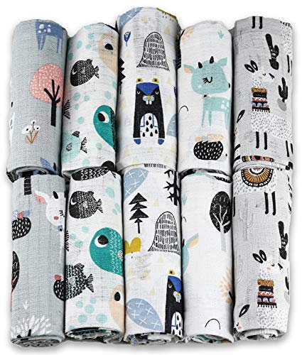 FENSILO - Mulltücher - Mullwindeln - 10er Pack 70x80 cm - Stoffwindeln, Made IN EU, schadstoffgeprüft -Spucktücher Baby für Jungen und Mädchen– Baby Mullwindeln- Bunt - Grau - Weiss