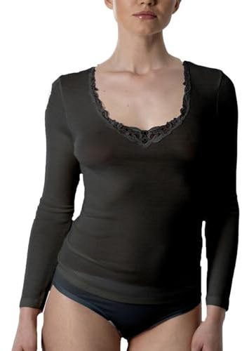EMMEBIVI Canottiera Donna Manica Lunga in Lana E Seta con Inserti in Pizzo Capo Realizzato in Lana Merino Extra Fine. Disponibile nei Colori Bianco e Nero. (7, Nero)