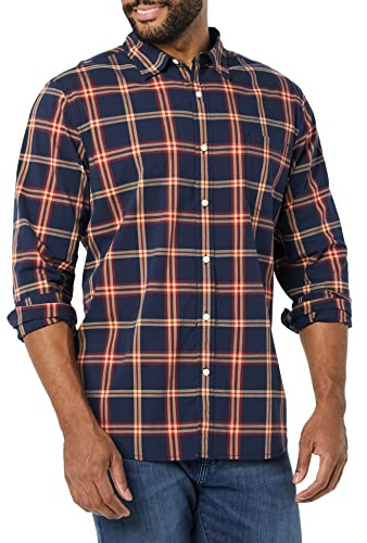 Amazon Essentials Herr långärmad smal passform stretch poplin skjorta, marinblå röd pläd, XX-Large