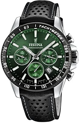 Festina Herren Uhr Analog mit Schwarzem Lederarmband - Quarzwerk - Chronograph - Kalender - Mineralglas mit hoher Widerstandsfähigkeit - Wasserdicht bis 10 ATM - Elegant F20561/5 Timeless Chronograph