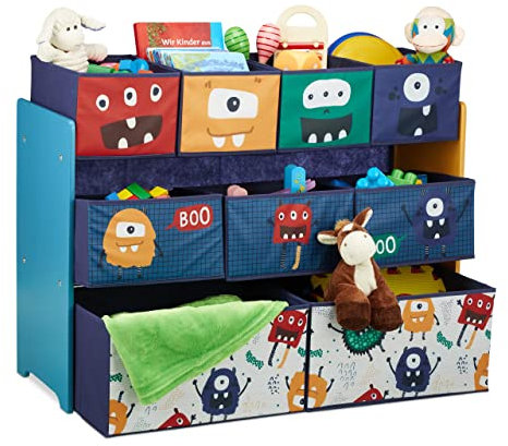 Relaxdays Scaffale Portagiochi, Motivo Mostri, Cameretta Bambini, 9 Box in Stoffa, HxLxP: 70x92,5x30 cm, Multicolore, Tessuto Non Tessuto