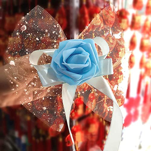 Duories 4 Stück Autoschmuck Hochzeit Auto Deko Rose Blumen Dekoschleife Fertigschleife Autoschleifen Antennenschleifen für Hochzeit Deko Auto Rückspiegel Türgriff Deko Blumen,Blau