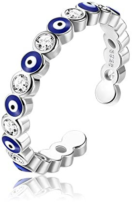 Adramata 925 Sterling Silber Ringe für Damen Evil Eye Ring 18 Karat Weißgold Plattiert Blau Evil Eye Schmuck Hamsa Offener Ring Mode Glücksschutz Schmuck Verstellbare Evil Eye Ringe Silber Damenring
