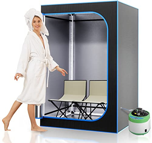 SereneLife 2-Person Steam Sauna Portable- Detoxify & Soothing Heated Body Therapy, Energy & Power-Efficient Design, Includes Folding Chair & Heated Foot Pad (Black)