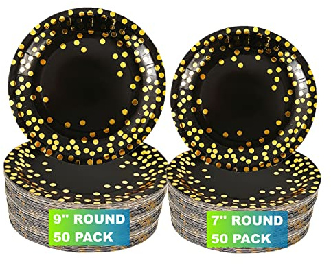 CEILIWEN Runde Einwegteller, Schwarz und Gold, 100 Stück Golden Dots Pappteller, 50 x 9 und 50 x 7 Partyteller, Speiseteller, Folie Polka Dots Schwarz und Gold Partyzubehör Teller