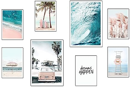Set 8 cuadros base madera Decoración Salón Modernos, Dormitorios, Habitación, paisaje, playa, naturaleza con colgadores metálicos, (2x 38 x 29 cm ; 6x 29 x 20 cm)