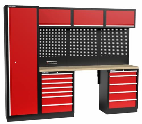 Kraftmeister Werkstatteinrichtung - Männerküche mit 12 Schubladen und 4 Schränken - Werkzeugschrank, Garage - modulares Werkbank mit Holzarbeitsplatte (Multiplex) und Werkzeugwand - Rot