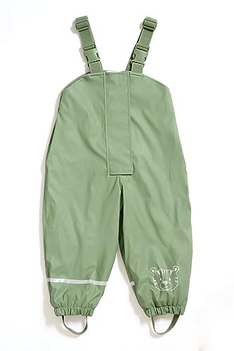 Regenhose für Kinder | mit Fleece gefüttert | Öko-Tex | winddicht | wasserdicht | elastische Schulterträger | Kinder Matschhose Buddelhose für Jungen und Mädchen (122-128 (7-8 Jahre), grün)