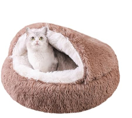 ZHULONGRUSHUI Rundes flauschiges Plüschbett mit Kapuze für Hunde und Katzen, selbstwärmendes Katzenhöhlenbett, wasserdichte Unterseite, Hellkaffeefarben (80 cm)