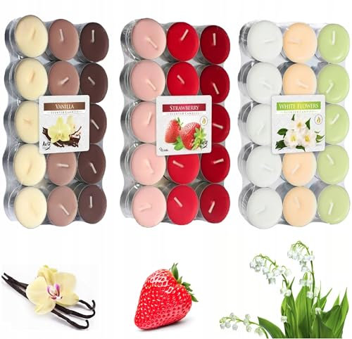 Duftkerzen, Teelichter, Kerze, Telicht, ideal für Kamine, Paraffin, Brenndauer 4H, 90 Stück, Vanille-Erdbeere, weiße Blüten