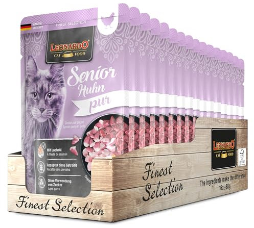 LEONARDO Katzenfutter Senior Huhn pur, 16x 85g Beutel, mit Kürbis und Lachsöl, für ausgewachsene Katzen, getreidefrei, ohne Zucker, Made in Germany