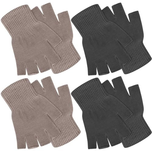 SATINIOR 4 Pairs Winter Half Finger Gloves Knitted Fingerless Mittens Warm Stretchy Gloves for Men and Women (Dark Gray, Light Brown)