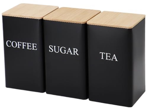 3Pc Tea Coffee & Sugar Canisters Set, Black Kitchen Canisters Stackable Tea Coffee Sugar Canisters with Airtight Bamboo Lid and Name Marker Suit for Home & Kitchen