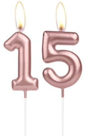 Candela con numero 15 in oro rosa chiaro, scintillante per 15° compleanno, candela per torta di compleanno con numero 15, decorazione per torta di compleanno e cupcake, per ragazze e ragazzi,