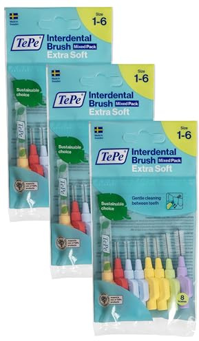 TePe Interdentalbürsten Extra Soft gemischt (ISO Größe 1-6: 0,45-1,1 mm) / Für eine besonders sanfte & effiziente Reinigung der Zahnzwischenräume / 1 x 8 Interdentalbürsten (Packung mit 3)