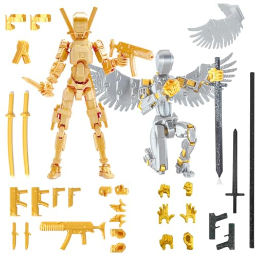 T13 action figure man (ensamblaje completado), 3D impreso con múltiples uniones Dummy 13, t-13 figura de acción robot, Decoraciones de escritorio para juguetes de amantes de los juegos (Plata/Oro)
