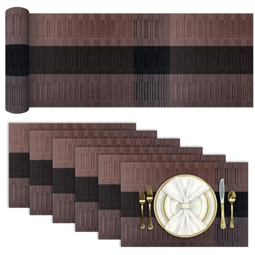 Aofmee Tischläufer und Platzsets Abwaschbar 6er Set, PVC rutschfest Tischsets mit Tischläufer, Gewebte Platzdeckchen Abgrifffeste Hitzebeständig, Vinyl Placemats Platz-Matten für Küche Speisetisch