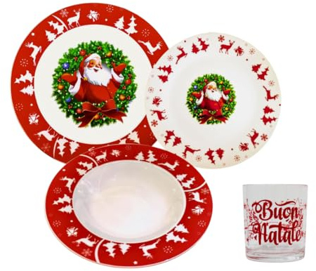 Omniacasa Set Weihnachtsteller 24-teilig | 18 Porzellanteller und 6 Weihnachtsbecher für 6 Personen Dekoration Weihnachtsmann mit Weihnachtsgirlande Rentier und Baum