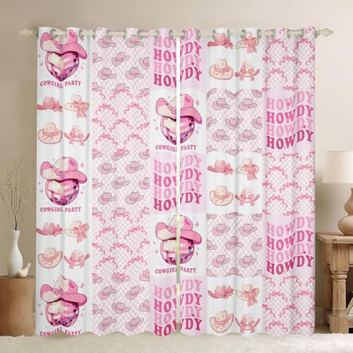 Manfei Cowgirl Kids Blackout Curtain,Princess Bowknot Cowboy Hats Disco Balls Dreamy Window Drapes for Girls Women,Geometric Plaids Patch Pink Window Treatments Grommet Top 2 Panel Set, 42Wx84L inch