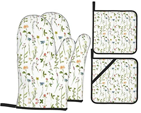 Ensemble de gants de cuisine résistants à la chaleur avec motifs aquarelles d'herbes aromatiques et fleurs, tapis de cuisine personnalisé, tapis antidérapant de sécurité, gants de four, crochets
