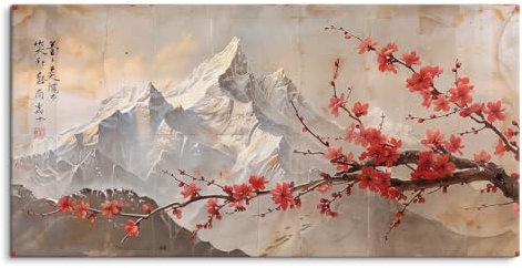 Paul Sinus Tableau mural sur toile - Paysage de montagne traditionnel avec fleurs de cerisier - Art naturel intemporel pour une décoration murale élégante - 120 x 60 cm