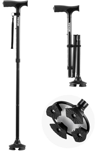 VEVOR Canne de Marche Pliable Hauteur Réglable 8 Niveaux avec Base Pivotante 4 Pieds, Aide à la Marche Légère Portable Aluminium, Charge 113 kg, pour Personnes Âgées, Adultes, Hommes, Femmes, Noir