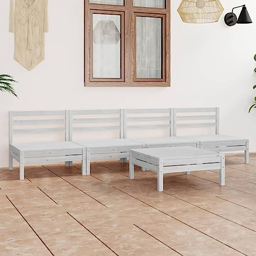WKIEQACO Gartenmöbel-Set, 5-teilig, massives Kiefernholz, Weiß
