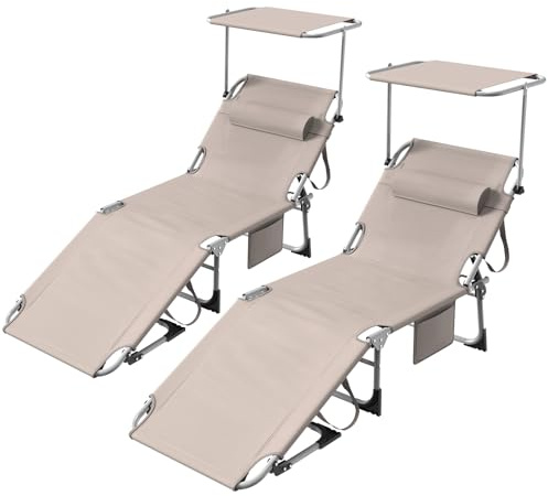 2er Set Sonnenliege mit Dach & Kopfkissen, Liegestuhl Leicht Extra Breit 195x69x29, Verstellbarer Rückenlehne-Seitentasche, Gartenliege, Strandliege Tragbar für Strand-Pool, Hochwertige Stoffe, Khaki
