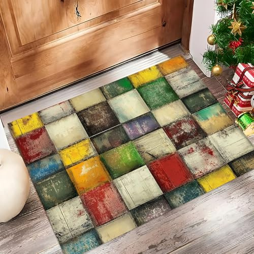 MULERN Fußmatte Schmutzfangmatte Innen 50x80cm, Retro rutschfeste Wasserdicht Türmatte, Distressed Farbblock Eingangstürmatte mit Wasserabsorbierenden, Haustür & Flur, bunt