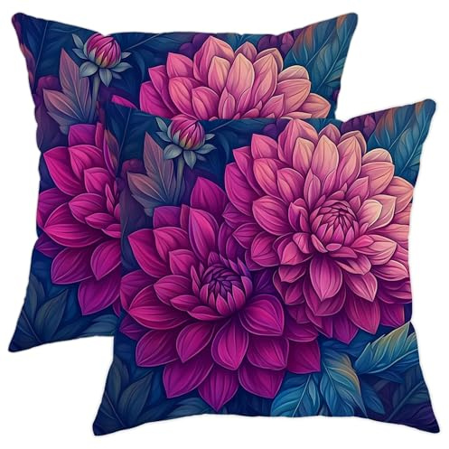 Set di 2 federe per cuscini con motivo floreale vivace, dalia, viola scuro, decorative, per divano e letto, decorazione per la casa, 71 x 71 cm