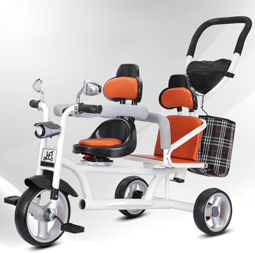 Triciclo tándem, Asientos Dobles con barandilla de Esponja y Respaldo, Triciclo de Empuje para Padres, Bicicleta para Montar con Pedales, Bicicleta de 3 Ruedas, luz Delantera