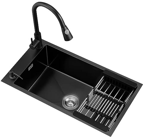 AYCDL Fregadero De Acero Inoxidable para Verduras con Escurridor, Fregadero De Cocina para El Hogar, sobre Encimera Y Bajo Encimera, Lavavajillas, Fregadero Individu,Black Steel-71 * 38cm