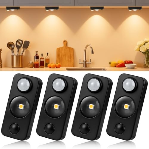 LED Motion Sensor Lights Indoor, 4 Pack Rechargeable Cupboard Lights, Stick-On Under Cabinet Lights, 3 Modes, Dimmable USB Rechargeable Wardrobe Lights for Kitchen, Closet, Stairs, Warm White