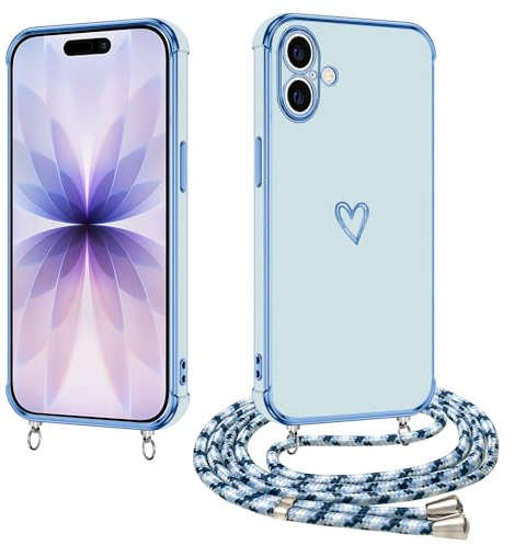 E-Lush Handyhülle für iPhone 17 Hülle mit Band, Herz Love Galvanik Silikon Handy Hülle für iPhone 17 Schutzhülle mit Kordel zum Umhängen Kameraschutz Stoßfeste Case, Blau