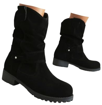 Xbemkste västerländska stövlar dam ankelstövlar cowboystövlar med klack mocka ankelstövlar slouchy stövlar vidare skaft korta stövlar retro halvhöga slip-stövlar vinterstövlar, svart, 38 EU