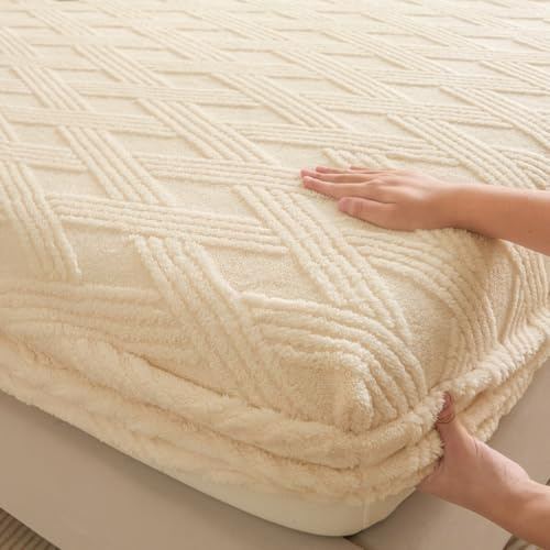 Mateju Weiches Fleece Spannbettlaken Verdickter Jacquard Winter Flauschige Warme Plüsch Spannbetttuch, Boxspringbett Bequem Bettlaken Elastisches für Hohe Matratze (Beige,120x200cm)
