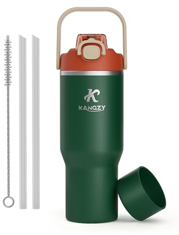 KANGZY Metal Water bottle with Straw 1L/32oz – Vacuum Insulated Stainless Steel Flask, 2-in-1 Straw & Spout Lid, BPA-Free Leak-Proof Tumbler, Keeps Drinks Hot 12H / Cold 24H for Work, Travel Evergreen