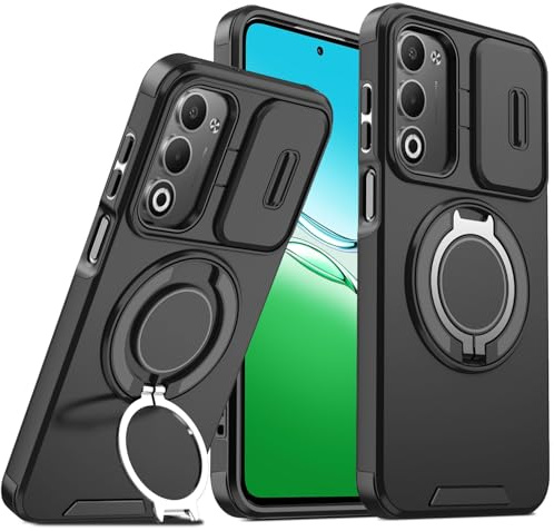 Loyhee Custodia per Oppo A5 4G / 5G / A5m 4G – Antiurto Cover con Copertura Scorrevole Fotocamera & Supporto Girevole 360°, Silicone Anti-impronte e Ammortizzazione - Nero