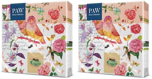 PAW - Servietten 3-lagig (33 x 33 cm) I 20 Stück I Perfekt für Geburtstage, Partys, Hochzeiten, Kommunion und Feiern I Papierservietten Bunt - Vögel, Blumen, Papageien I Farbe: Floral Poetry