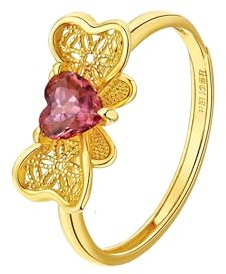Tolldek Verlobungsring 18 Karat Au750 Gold Echtes, Rot 0.4ct Turmalin Schmetterling Eheringe Herzschliff, Freundschaftsringe 18K Gelbgold, Gr.53 (16.9)
