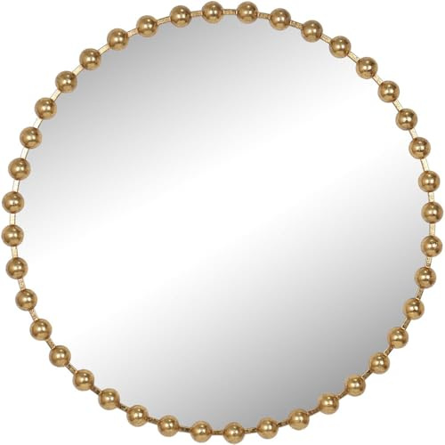 wilko Circular Wall Mirror, 80cm Beaded Gold Frame, Contemporary Style, Living Room Bedroom Hallway, Round Shape, Decorative