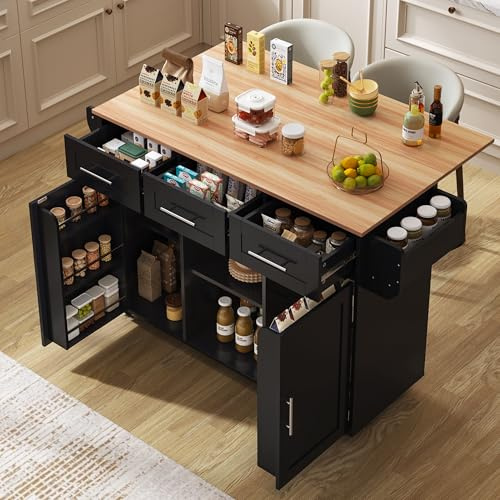 ModernLuxe Kitchen Island on Wheels, Rolling Kitchen Trolley with Foldable Wood Grain Countertop, 3 Drawers, Interchangeable Castors and Solid Wood Feet, Large Dining Cart, Black, 139 x 46–71 x 91.5cm