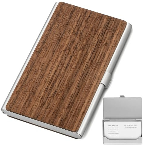 Zirax Business Card Holder, Professional Metal Card Case for Men and Women | Black Walnut & Aluminum Slim Pocket Business Card Wallet, Holds 15 Cards