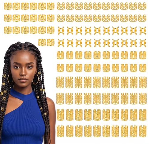 120 Pcs Hair Cuffs & Charms for Braids, 6 Styles Metal Gold Loc Jewelry for Dreadlocks, Festival Ready Hair Clips Rings (for Women & Girls) Gold Jewelry for Braids