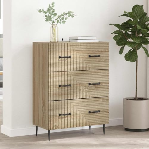 Nusvialune Lådskåp Sonoma-ek trämaterial med metallhandtag 66 x 34,5 x 89,5 cm, 3 lådor, förvaringsutrymme för vardagsrum, kontor, hall, mångsidig förvaring och ordning