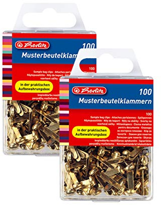 Herlitz 100 Stück Metall-Taschenclips, runder Kopf in Hängebox, Messing (2 x 100 Stück)