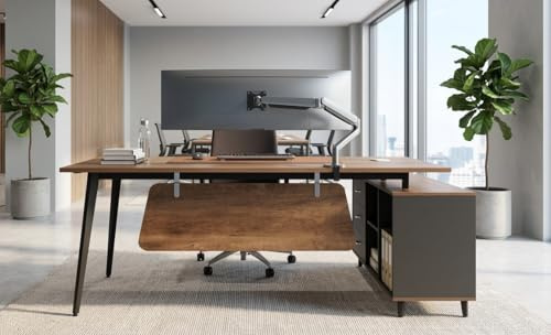Jet-Line Schreibtisch San Paulo 2m Winkelschreibtisch mit Sideboard Büromöbel Homeoffice Chefschreibtisch Winkelkombination Nussbaum Anthrazit
